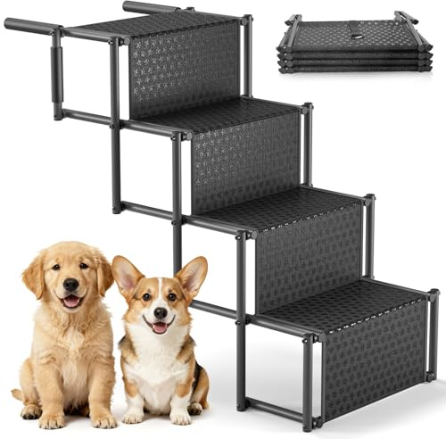 Yigowyigo Hundetreppe Auto, Hunderampe Auto Klappbar bis 80kg, hundetreppe Auto Klappbar für große und kleine Hunde, Wasserabweisende PVC für Sicherheit und Komfort - 4 Stufen