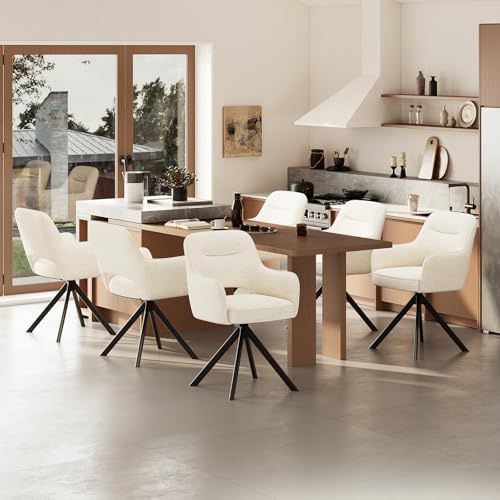 COLAMY Drehbare Esszimmerstühle 6er Set mit Armlehnen, Drehbare Polsterstühle für Küche & Esszimmer aus weichem Florstoff mit Metallgestell und Rückenlehne, für Esszimmer, Küche, Büro,Beige