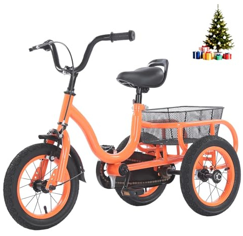 HUOMMGS Kinder Dreirad 12 Zoll Upgrade Kinderdreirad mit Großer Korb Höhenverstellbar Jugend Dreiräder für ab 2-5 Jahre Kinderfahrrad Mädchenfahrrad Jungenfahrrad für 90-115cm Kinders (Orange)
