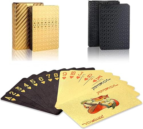 Jeu de 54 Cartes à Jouer (Lot de 2) – Finition Métallique Or & Noir Argenté - Cartes Poker, Texas Hold'em, Rami, President, Bataille, Kems, Belotte – Cartes Waterproof et Durable