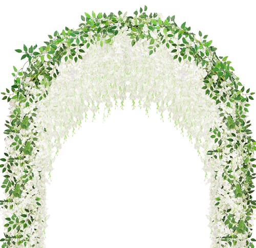 HLAONU 75 Branches Wisteria Hanging Flowers,5Pcs Total 30ft White Wisteria Artificial Flowers Garland Vine Silk Hanging Flowers for Wedding Party Arch Ceremony Garden Home Backdrop Decor