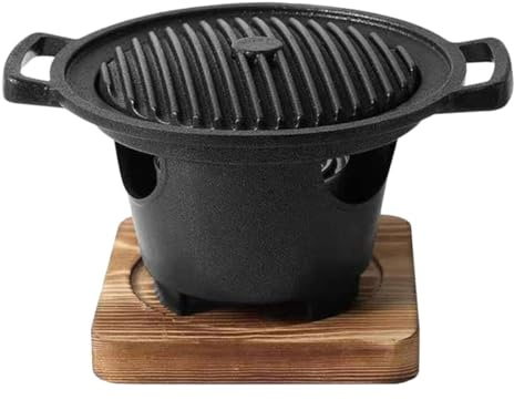 VALICLUD Four à Barbecue D’intérieur Charbon Petit Format avec Grille Japonaise et Support Triangulaire, Cuisson sans Fumée pour Repas Solo, Plateau Égouttoir Bois Intégré, Accessoires