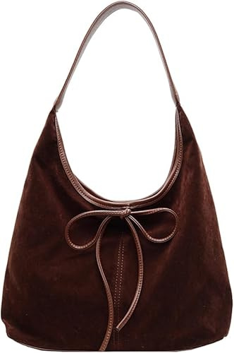 MASHANGGOU Bow Suede Tote Bag for Women Vintage Hobo Shoulder Bag Large Chic Satchel Purse Slouchy Handbags for Work Daily (Coffee)
