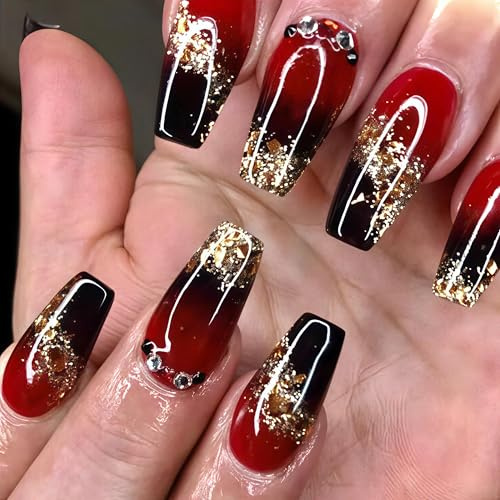 24 Stück rote und schwarze Farbverlauf-French-Press-on-Nägel, mittelgroß, quadratisch, mit Glitzerverlauf und Strasssteinen, künstliche Nägel mit funkelnden goldenen Pailletten für die Maniküre