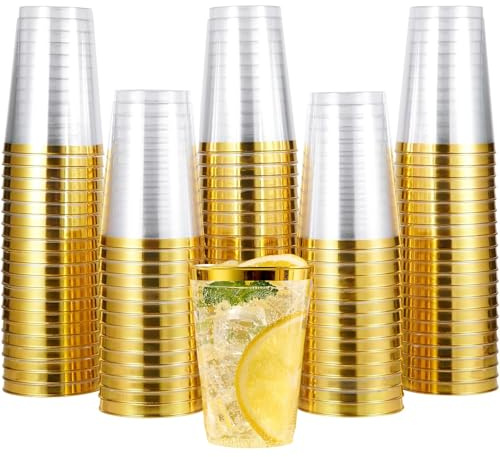 ZkateTrade 50 Stück Hartplastik Plastikbecher mit Gold Rand, 360ml/12oz Kunststoff Partybecher, Mehrweg Transparent Trinkbecher für Party, Hochzeiten, Geburtstag