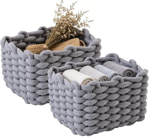 2er Set Aufbewahrungskorb Geflochten Baumwolle Strickkorb, Kleiner Korb Badezimmer Organizer, Wickeltisch Organizer Klein Körbchen Aufbewahrungskörbe, für Schrank Badezimmer Kinderzimmer (Grau)