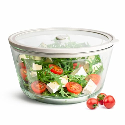 Sendez Glasskål med lock, 2,5 l, Ø 22 cm, salladsskål av borosilikatglas med handtag och silikonring, lufttät matbehållare med klickventil för mikrovågsugn och kylskåp