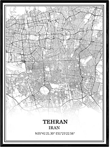 Tehran Iran karta väggkonst canvas tryck affisch konstverk oinramad modern svart och vit karta souvenir gåva heminredning 30 x 40 cm