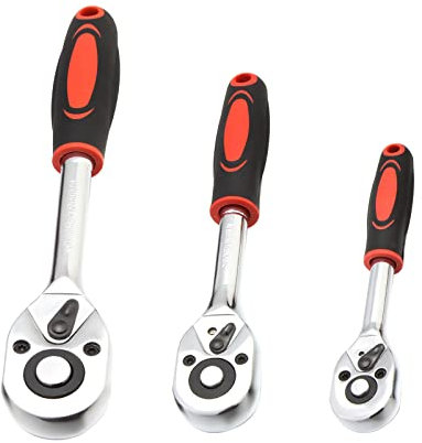 Twilight Garage 3PCS Universal Socket Wrench Set, 1/4, 3/8, 1/2 Drive Ratchet Wrench Tool Professional with Cushion Grip Handle Lock Socket Quick Lever Release for Furniture Auto Car Repair (Red)