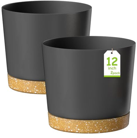 ZMTECH 30,5 cm Blumentöpfe, Kunststoff Pflanztopf mit Ablaufloch und Untertasse, Moderner Dekorativer Blumentopf für Drinnen und Draußen, Zimmerpflanzen, Sukkulenten, Blumen (2er-Set, Dunkelgrau)