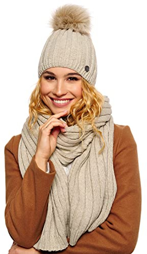 ELIMELI® Kaschmir Mütze Damen Winter warme Strickmütze Wollmütze mit Kaschmir Wintermütze mit Kunstfell Bommel Slouch Strick Beanie Damen für Winter Bommelmütze Hergestellt in EU