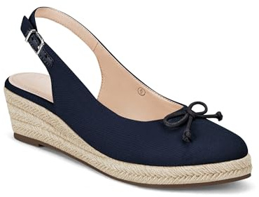 Coutgo Womens Closed Toe Espadrilles Wedges Shoes Platform Slingback Mid Low Heel Canvas Bow Dress Sandals, Navy, Size 8.5