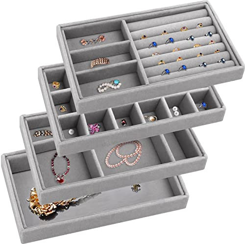 PSISO 4 Stück stapelbare Schmuck-Organizer-Tabletts für Schubladen, Samt-Schmuck-Organizer, Schubladeneinsätze, Ring-, Ohrring-Organizer, Aufbewahrungs-Tablett, Kommode, Vitrine Box (verdickte,