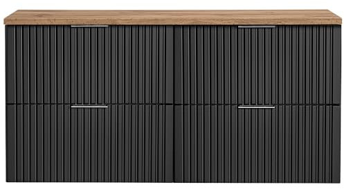 Lomadox Mobile da bagno, 120 cm, colore nero opaco, con rovere Nb, scanalato, con 4 estratti con chiusura morbida, larghezza x altezza x profondità: ca. 120,6/59,2/46,5 cm