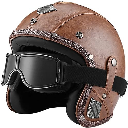 WYXAXNM Motorradhelm Leder Jethelm Roller Helm Scooter Helm Moped Mofa Helm mit Brille DOT/ECE Zertifiziert Vintage Motorrad Jet Helm Roller Helm Harley-Helm Für Jugendliche Männer Frauen