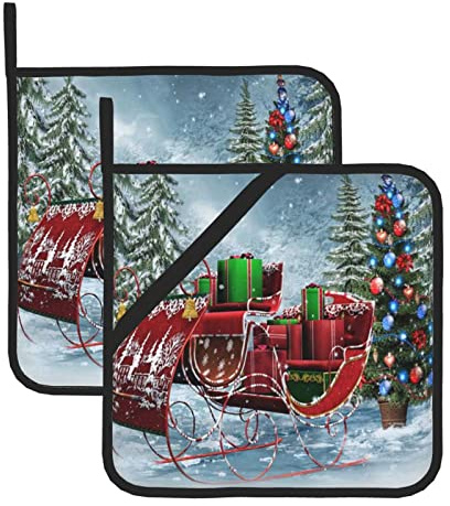 Set di 2 presine resistenti al calore con tasca per cottura in cucina, forno, forno a microonde (20,5 x 20,5 cm), regalo di Natale