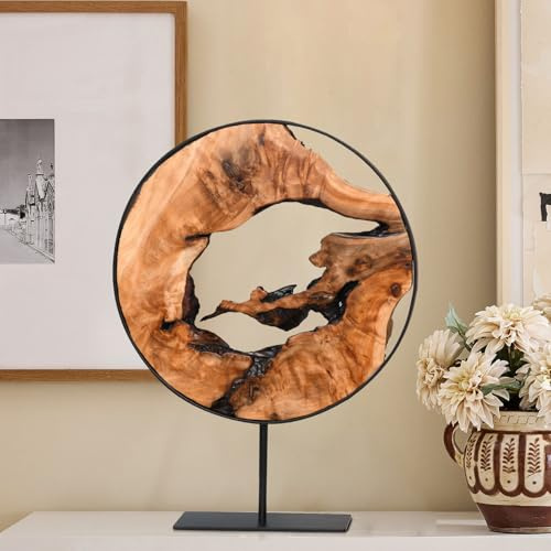 WELLAND Round Cedar Wood Sculpture 13.77 W x 13.77 D x 14 H, Wood Tabletop Sculpture, Irregular Shape décor for Living Room, Bedroom, Home Office