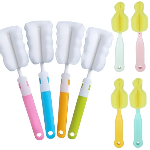 4PCS Bottle Brush+ 4 PCS Nipple Brush Sponge Baby Bottle Brushes Milk Bottle Nipple Cleaner Set Cup Scrubber Brush Portable Long Handle Water Bottle Cleaner Brush (4 PCS+4 Nipple Brush)