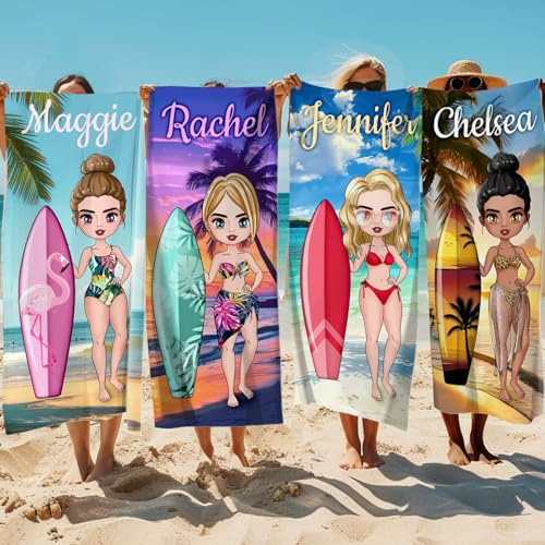MJARTORIA Personnalisée Serviette de Plage Microfibre avec Nom, Grande Serviette de Bain pour Femme Meilleures Amies Dress up, Anti Sable Drap de Plage pour Natation Sauna Yoga Fitness