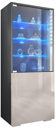 Vitrine Granada, Made in Germany, Vitrinenschrank mit Glastür und Glaseinsatz inkl. LED, Anthrazit matt/Sandgrau Hochglanz (50 x 122,5 x 34,5 cm)