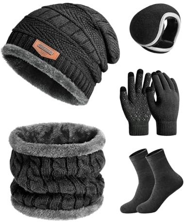 Xnova Winter Mens Hat Scarf and Gloves Set 5PCS Unisex Fleece-Lined Beanie Hat Wooly Knitted Gloves Neck Warmer Earmuffs Thermal Socks Gift Sets with Box