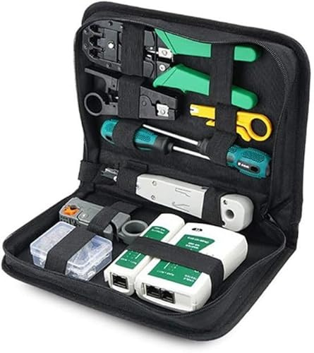 SQUADO Kit Herramientas Bricolaje para Reparación de Red Profesional, Probador de Cables de Red, Cables de Conexión, Comprobador para Ordenador, RJ11 RJ45, Bolsa Porta Herramientas Negra