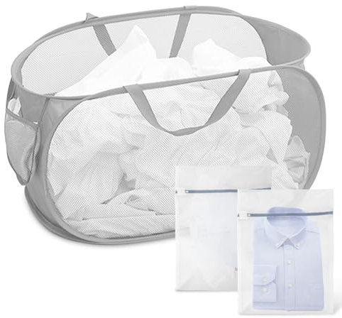 Cesto Ropa Plegable Pop-Up Malla Cesto de Ropa Cesta Ropa Sucia Plegable con 2 Bolsa Lavadora para Guardar Ropa Objetos Pequeños Almacenamiento Juguetes