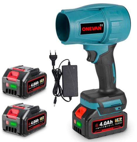 ONEVAN Ventola turbo, batteria con 2 batterie da 4000 mAh, spazzaneve senza spazzole, 28000 giri/min, soffiatore elettrico per gonfiare foglie, neve, polvere, soffiaggio 1,2 kg (blu)