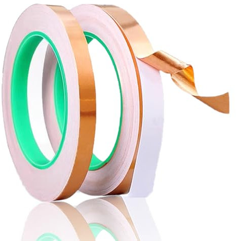 Copper Tape Slug Repellent, 2 Rolls Copper Slug Tape, 0.3 x 65.62 Ft Double-Sided Conductive Tape, Adhesive Copper Tape for Slugs, Shielding & Guitar Repairs, Colored Glass, Electrical Maintenance