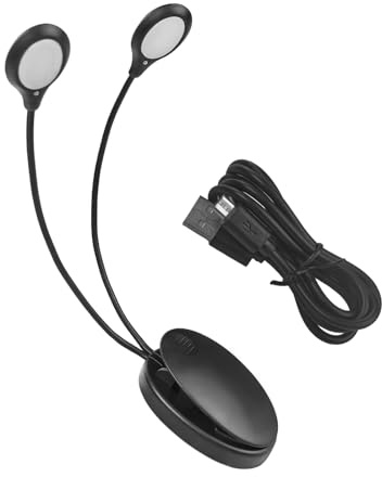 Flylin Atril LED de luz, ajustable doble cabeza clip en lámpara con 8 luces LED y cable USB, lámpara de lectura con clip adecuado para piano, atril de partituras, escritorio