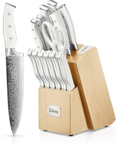 D.Perlla Couteau Cuisine, Bloc de Couteaux 14 pièces avec Affûteur Intégré, Bloc de Bois Beige, Couteaux Ciseaux, Acier Inoxydable, Manche Blanc