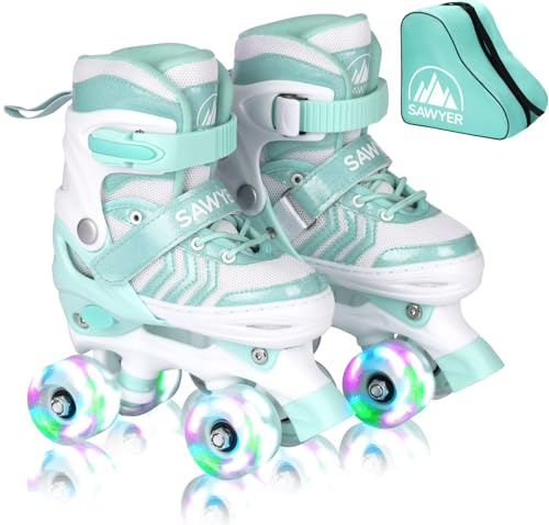 Sawyer Bikes - Patines Ajustables 4 Ruedas LED - Tallas 23 a 38 (Menta, XS (23-26))