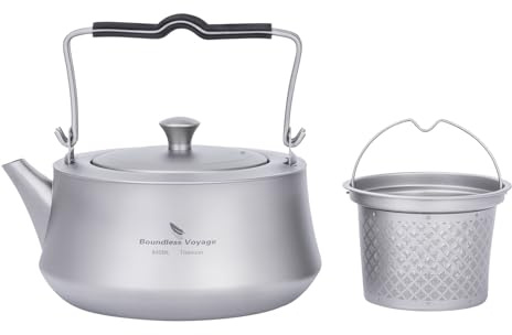 iBasingo 800ml Wasserkessel Camping Titan Teekessel mit Infusor für Losen Tee Kaffee Teekanne für Gaskocher mit Filter & Klappgriff Outdoor Ultraleicht Tragbare Metall Wasserkocher Ti3093D