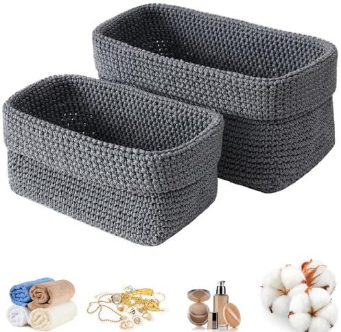 FYBlossom 2er Set Aufbewahrungskorb, Körbe aus Geflochtenem Baumwollseil, Stapelbare Häkelkorb Regalkörbe, Gewebte Bad Körbe für Handtücher, Kosmetik, Spielzeug, Schmuck (Grau)