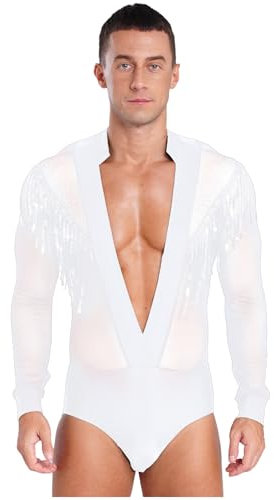 MSemis Herren Latein Tanz kostüm Sexy Scher Mesh Bodysuit mit Strass Langarm Ballett Trikot Tief V-Ausschnitt Leotard Weiß S