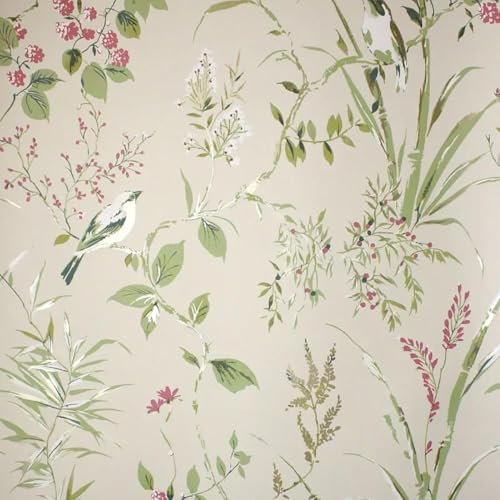 Mariko Natural Wallpaper - Floral Treebird Leaves Botanical Naturistic - Metallic Effect Stylish Trendy Feature Wall