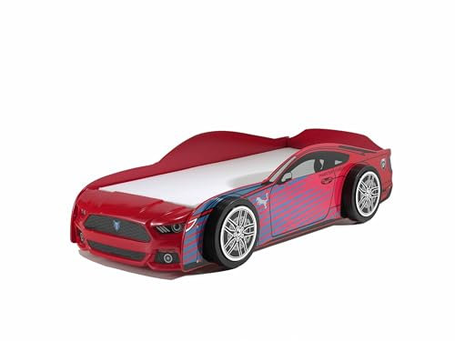 möbelando Autobett >Power< Liegefläche 90x200 cm rot, Hochglanz lackiert, mit Racing Motiven und Breiten ausgestellten Rädern, inkl. Lattenrost, ohne Matratze, Stellmaße: B: 227 H: 60 T: 111 cm