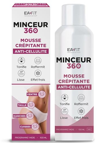 EAFIT ANTI CELLULITE MINCEUR 360 - Mousse Crépitante Anti Cellulite - Ventre Plat, Tonifie, Raffermit, Lisse la peau - Cafeine et Menthol - Extrait d'Hamamelis + Cerise - Vegan - 70/100 Yuka - 1 mois