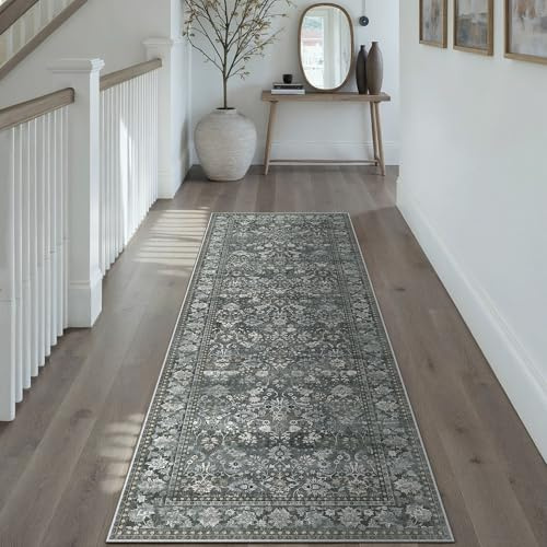 PureCozy Waschbarer Teppich 60x180 cm, Teppichläufer Flur Grau rutschfest für Wohnzimmer Schlafzimmer Balkon LäUfer KüChe Esszimmer BüRo Flach, Indoor Modern Weicher Kurzflor Carpet