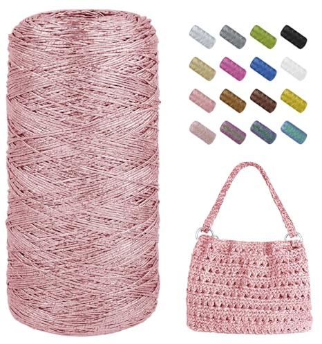 Uiopa Cordino per Borse Uncinetto, 1mm x 480m Filo Uncinetto Metallico Cordoncino, Filo Macrame Glitter Corda per Borse, Cestini, Decorazioni, Artigianato (Rosa Pesca)