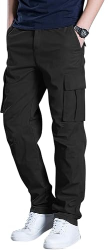 DOWMQ Men's Cargo Pants Stretch Sweatpants Elastic Drawstring Casual Workout Joggers Hiking Tactical Pants with 6 Pockets Black,L