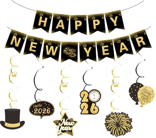 AIYONG Silvester Deko 2026 Neujahrs Dekoration, 2026 Happy New Year Girlande Spirale, Silvesterparty Hängende Wirbel Dekoration Set Schwarz Gold, Neujahr Deko 2026 Silvesterdeko