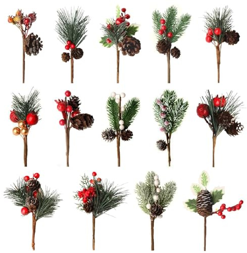 14 Piezas Decoración de Bayas de Navidad Artificiales Ramas de Pino Artificiales con Bayas de Acebo Rojas Conos de Pino para Decoración de Corona de Navidad/Chimenea/Regalo/Tarjeta/Mesa