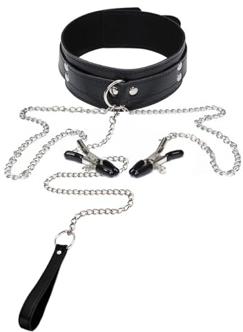 Set de ataduras para bondage, juguetes sexuales para parejas Juego de pinzas para pezones con collar de bondage y cadena de tracción,accesorios ajustables para bondage (C1-A1)