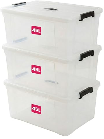 STL Clear Plastic Storage Boxes with Lids, Heavy-Duty Durable Stackable Plastic Storage Containers, Underbed Storage Boxes, Secure Clip-Lock Lid for Home, Office, Kitchen, Toys (3, 45ltr)