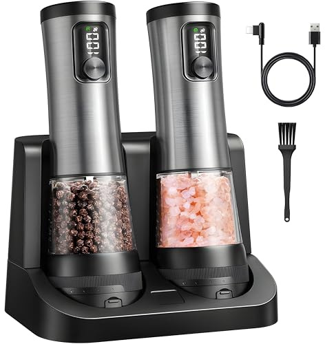 Rechargeable Electric Salt and Pepper Grinder Set - Automatic Battery-Free Spice Mill with 6 Adjustable Coarseness Levels, Large 100ml Hopper, LED Light, and Fast Charging (2-Pack)