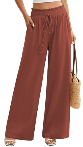 PASUDA Pantaloni Donna Estivi Cotone e Lino Pantalone Elastico a Vita Alta Eleganti Pantaloni Comodi Loose Lounge Pantaloni da Spiaggia con Tasche (Rosso Mattone, L)