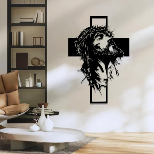 Moderne minimalistische Wanddekoration aus Metall: Jesus am Kreuz – Schwarze religiöse Skulptur mit detaillierten Gesichtszügen, vertikale Hängeskulptur für den Innenbereich, geeig