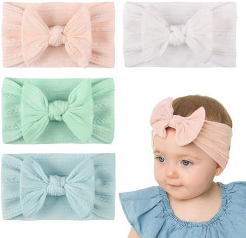 WUFKOP Set de 4 Diademas Bebé Niña con Lazo, Cintas para el Pelo Suaves y Elásticas para Recién Nacidas, Banda para la Cabeza para Fotos, Bautizo y Uso Diario