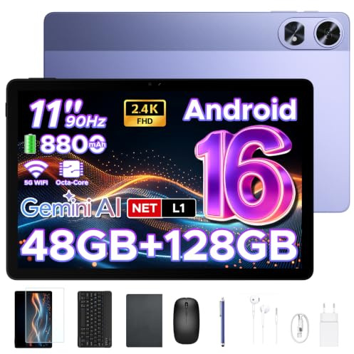 POPUX P11 Pro Tablet Android, Tablets 11 Pulgadas, 48GB RAM+128GB ROM, Tablets Android 16 con Gemini AI, 2.4K 90Hz, T7250 Octa-Core, 8800mAh, 13MP+5MP, 5G WiFi, Tablet con Lapiz&Teclado, Morado